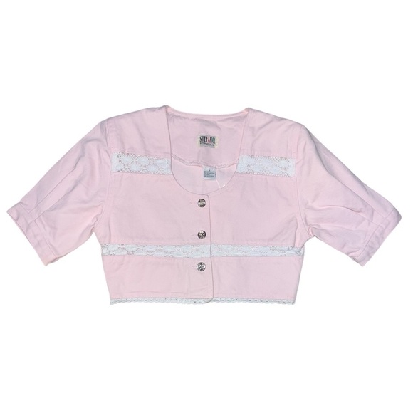 Vintage Tops - NWT RARE! 🎀 Vintage Fashion Bug Pink Denim White Lace Button Down Jacket Small